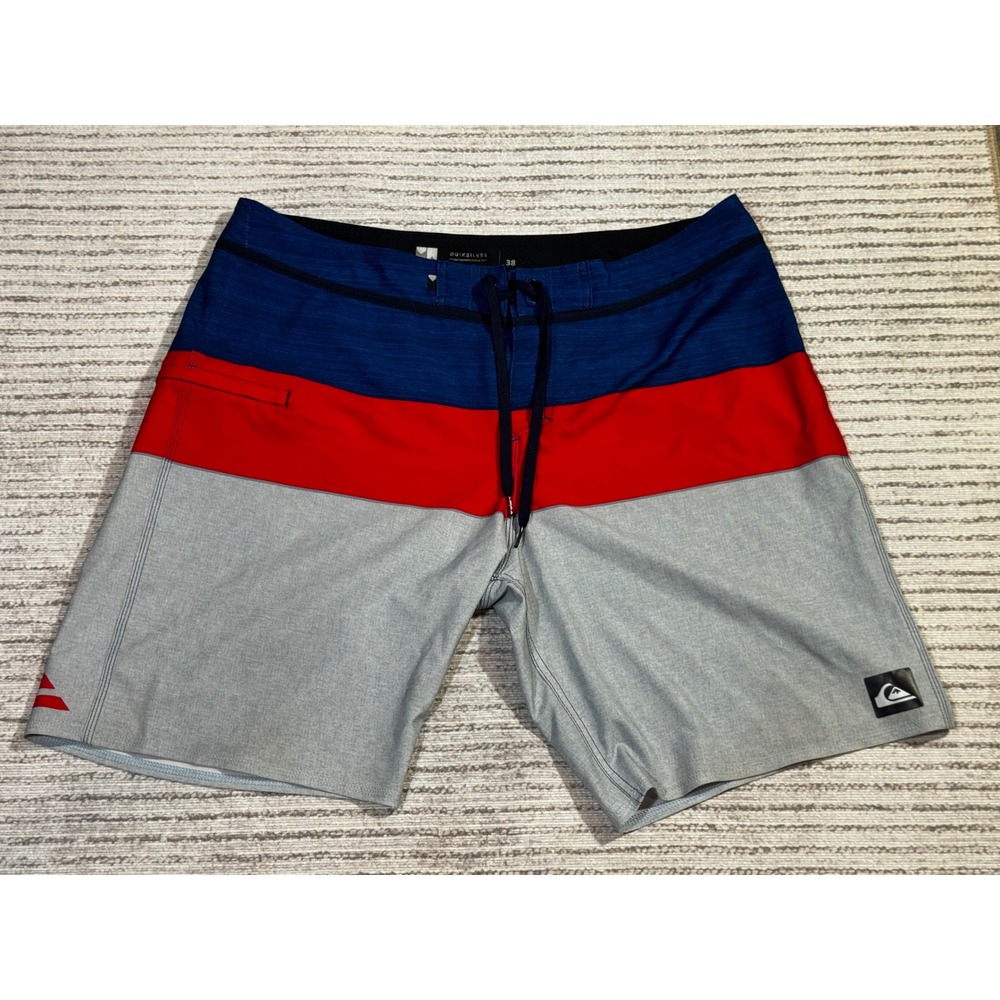 Quiksilver Mens Board Shorts Size 38 Blue Red Grey Colorblock Swim Trunks Surf